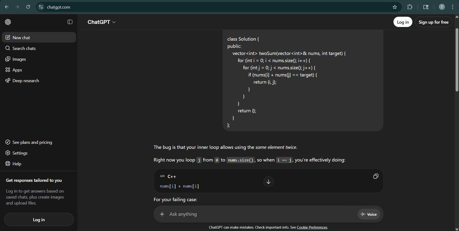 ChatGPT conversation where user pasted a failing Two Sum solution.